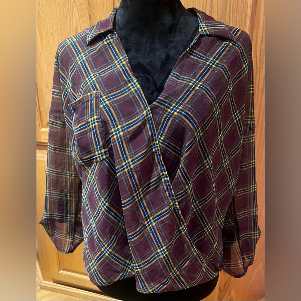 Lush Sheer Plaid Longβ Sleeve Surplice Faux Wrap Blouse in Dark Wine Size Small